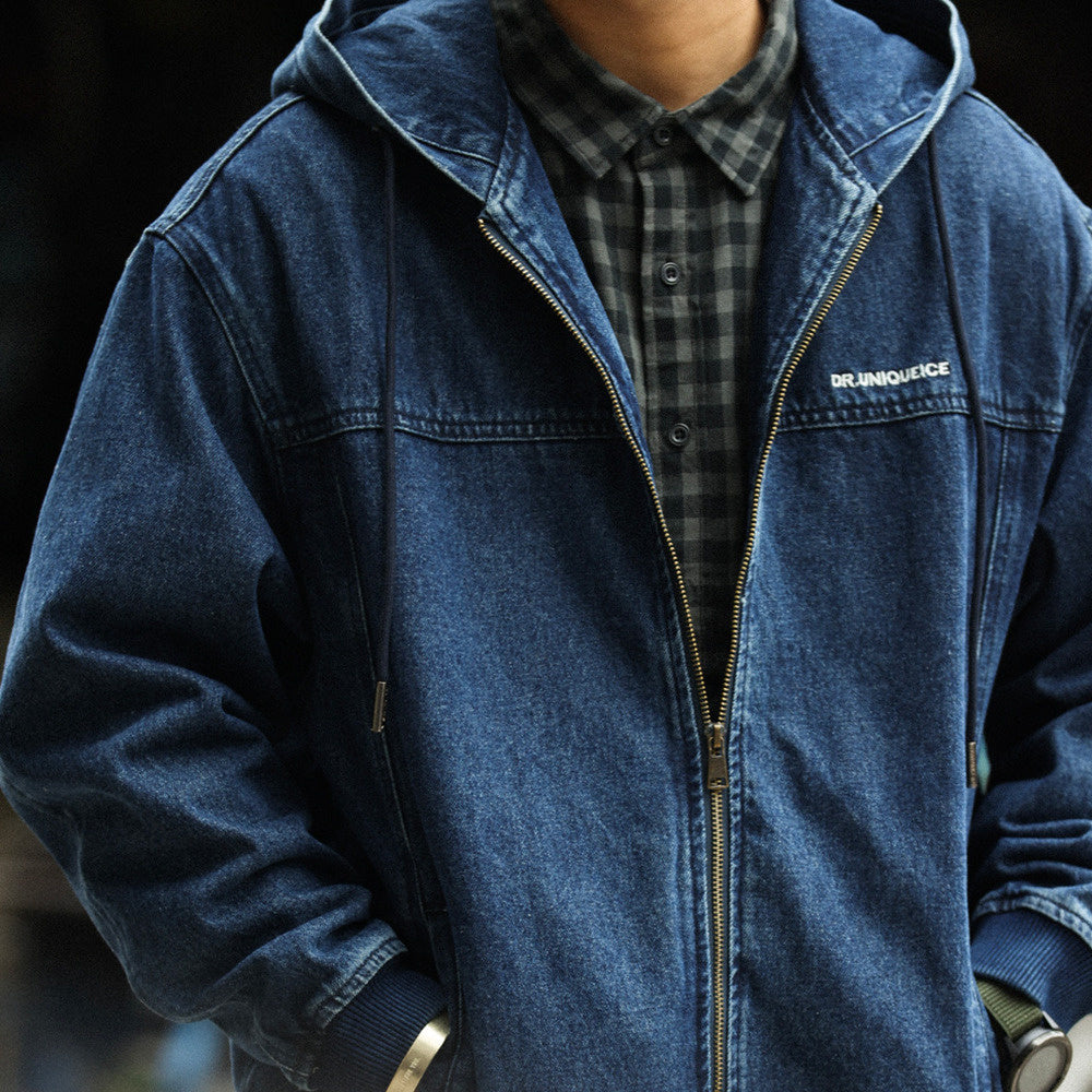 American casual men's loose denim washed zipper hooded denim jacket