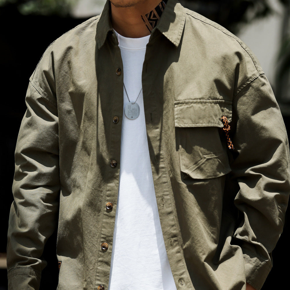 Outdoor mountain workwear shirt, men's army green light fermented washed water long sleeved high-end shirt