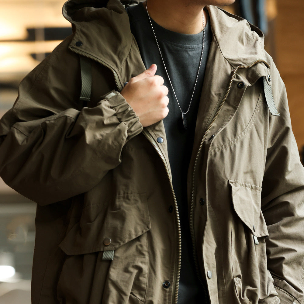 Retro mountain style workwear jacket, loose sports large pocket windproof hooded jacket