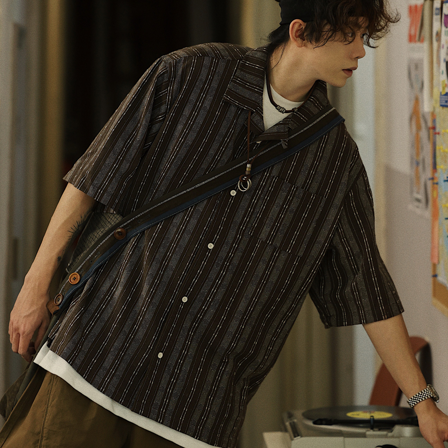 Closed on Wednesdays Summer Japanese Style Striped Pocket Cargo Shirt for Men Youthful Casual Trendy Short Sleeve Shirt