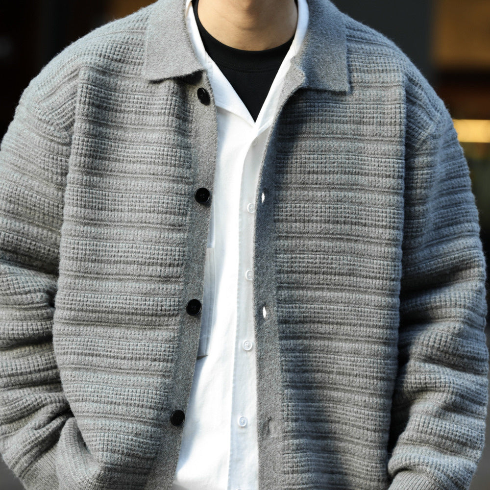 lazy style lapel cardigan sweater, men's heavy-duty texture, thick and warm, outer wear knitted jacket for winter