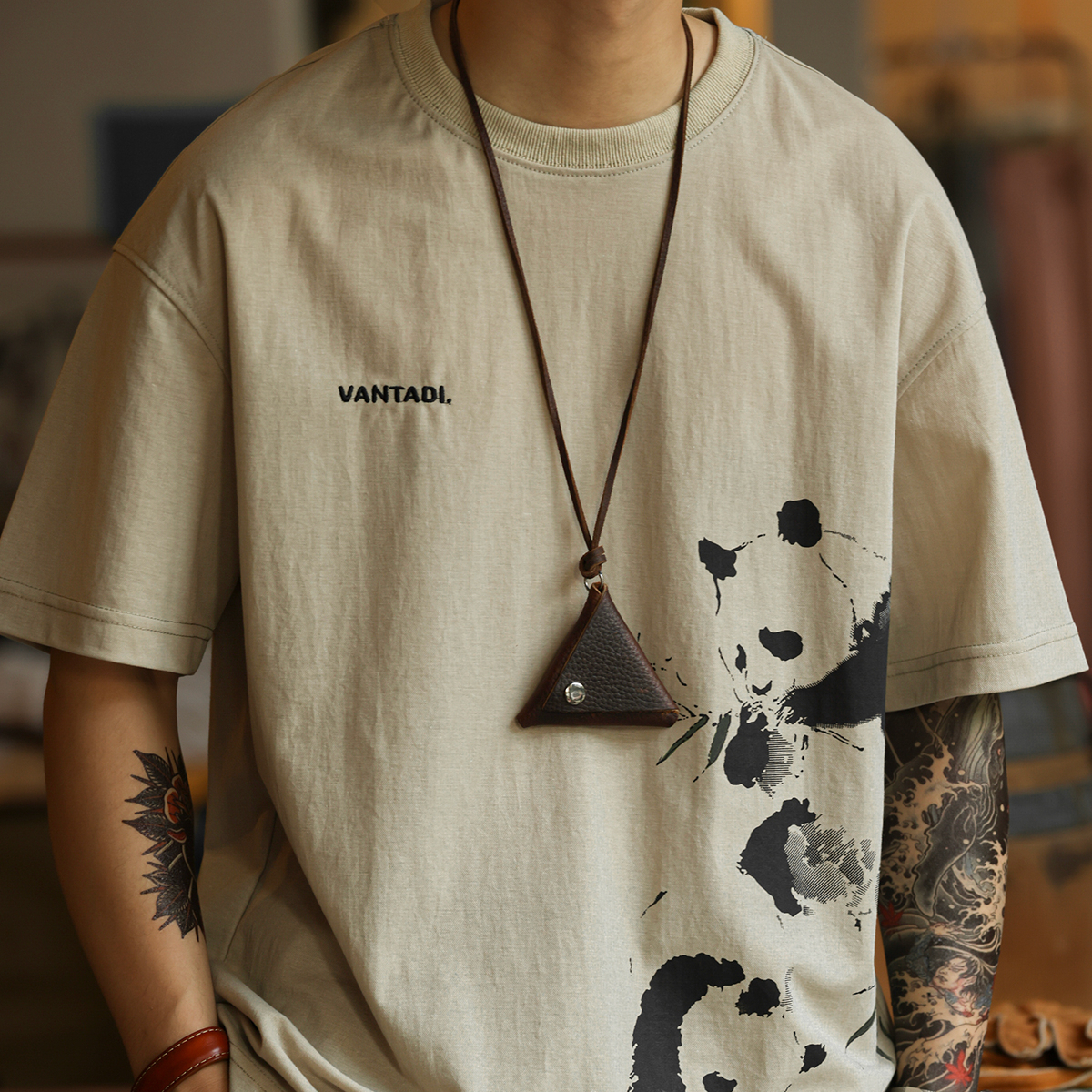 American casual 160g breathable linen men's panda printed T-shirt