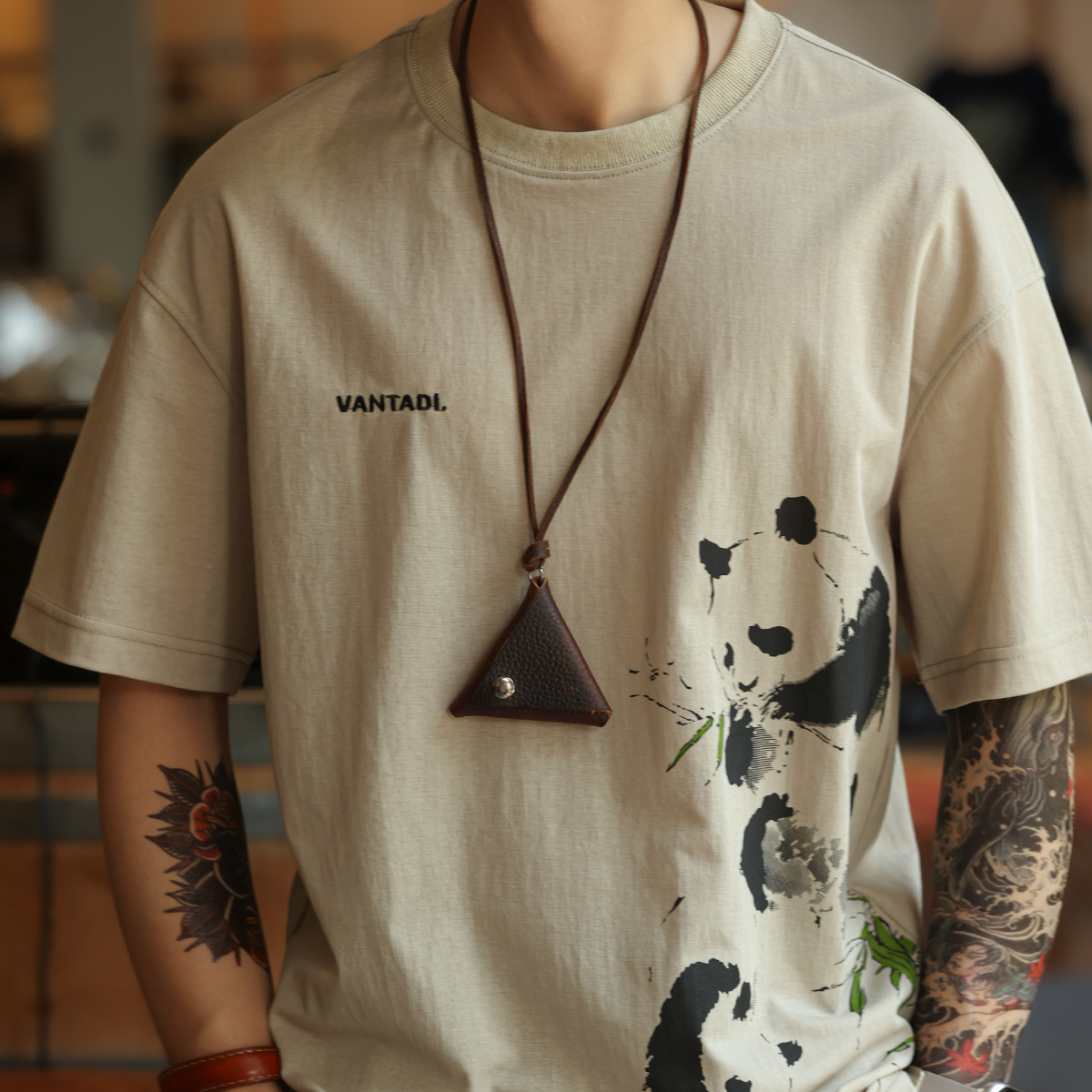 American casual 160g breathable linen men's panda printed T-shirt