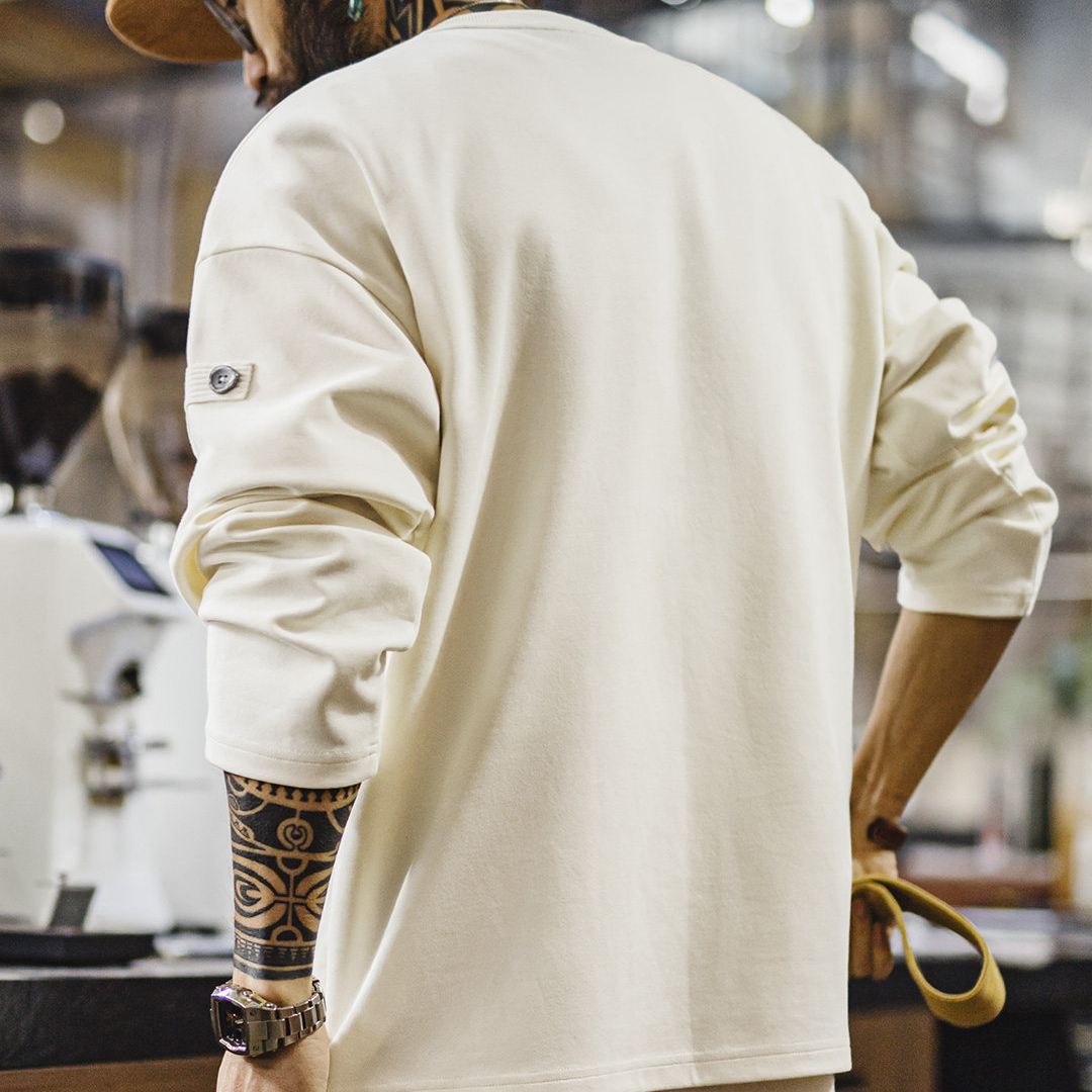 American retro cotton V-neck pullover white loose long sleeved T-shirt