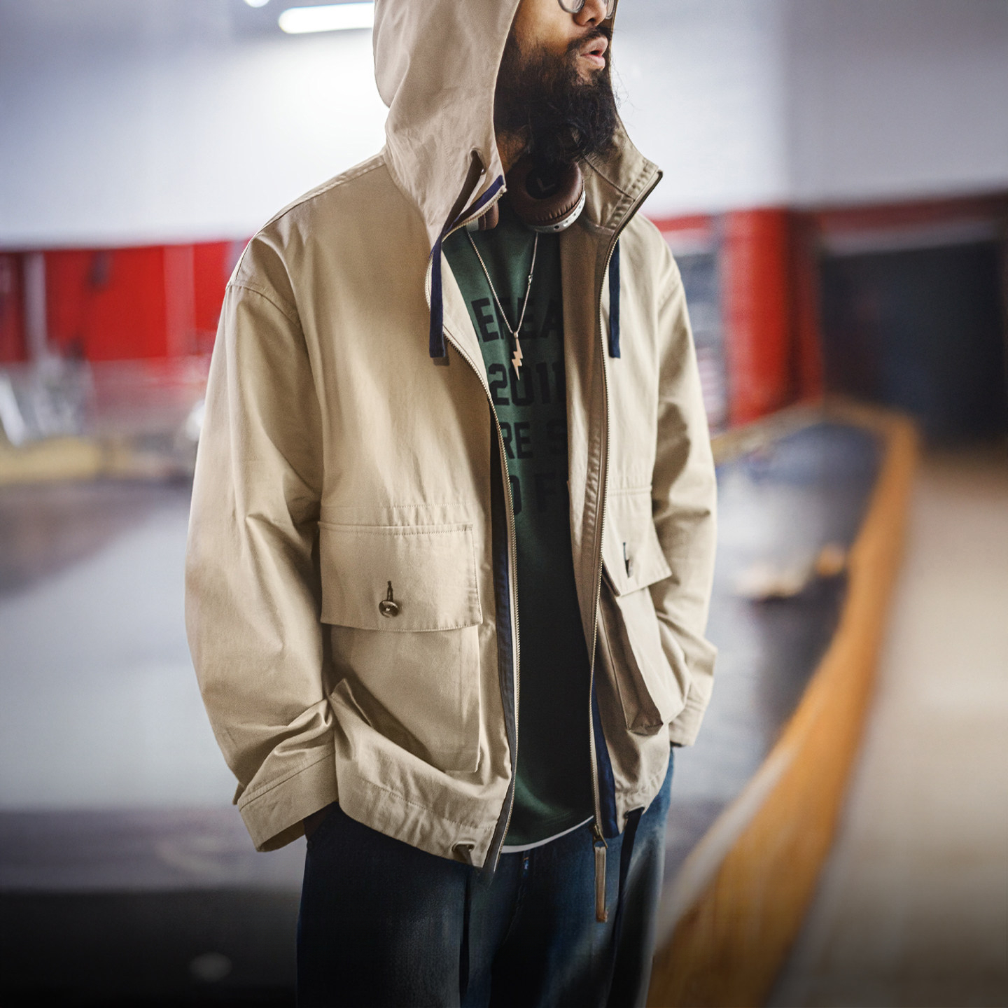 American Retro Multi Pocket Pure Cotton Canvas Khaki Standing Collar Hooded Jacket