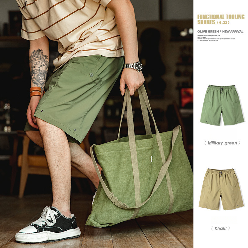 Maden style washed straight drawstring shorts with loose and cool feel, large pockets, functional casual pants