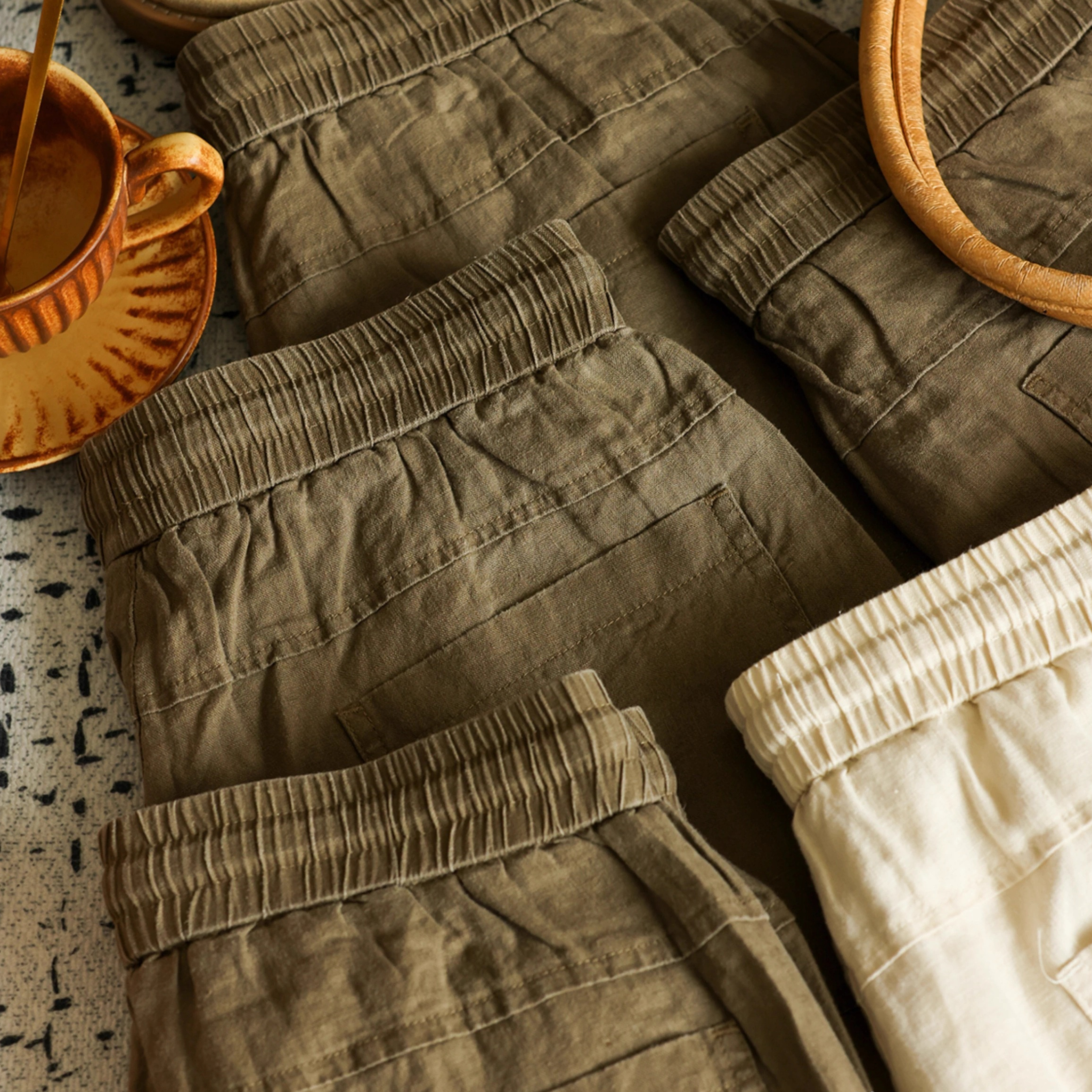 Summer casual 100% linen men's drawstring elastic waist breathable shorts