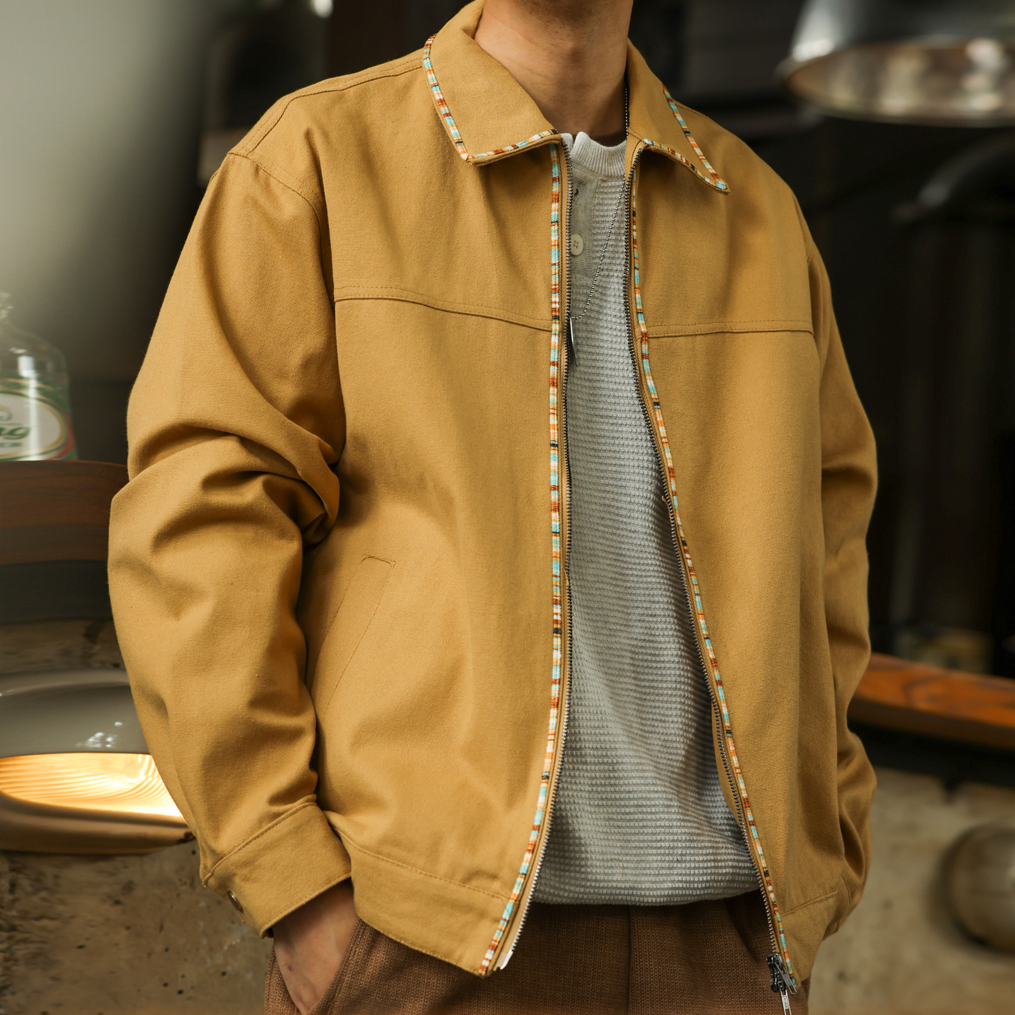 American Retro High-End Canvas Men'S Woven Stripe Design Lapel Workwear Jacket