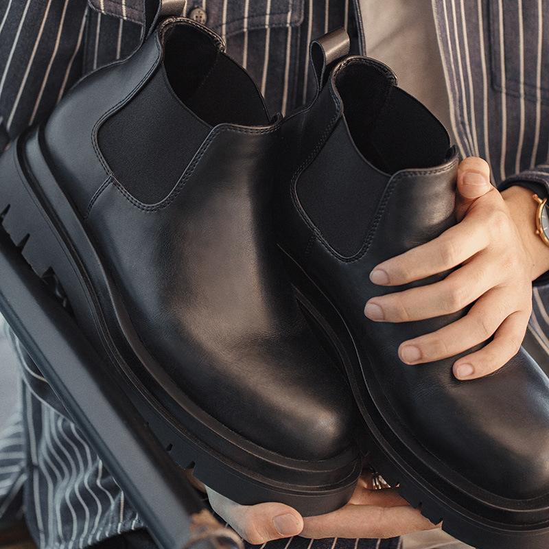 Maden Chercy boots with thick sole for increased height, casual black leather short boots, Martin boots