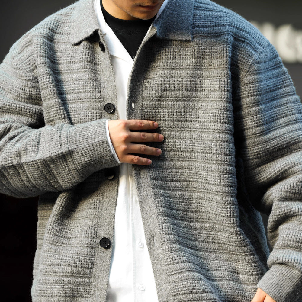 lazy style lapel cardigan sweater, men's heavy-duty texture, thick and warm, outer wear knitted jacket for winter