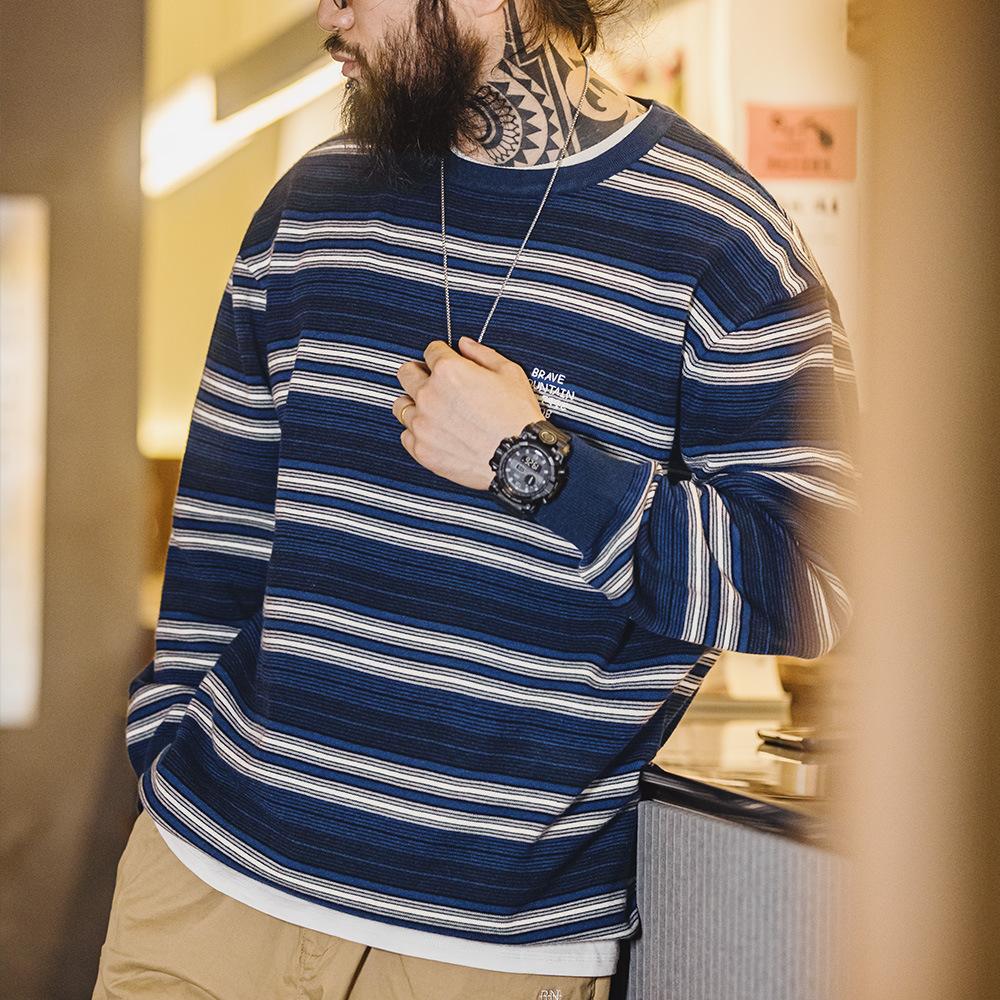 MADEN Contrast Color Striped Cityboy Blended round Neck Drop Shoulder Sweater