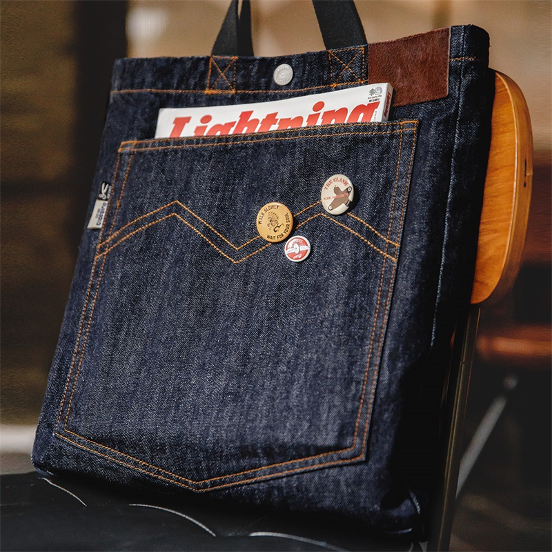 Maden Vintage Denim One Shoulder Crossbody Bag Denim Embroidery Large Capacity Handheld Flat Tote Bag