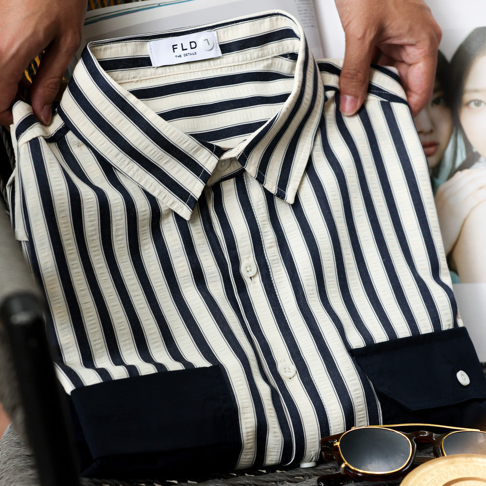 Texture based color woven striped shirt for men's casual, iron free, woven texture long sleeved shirt