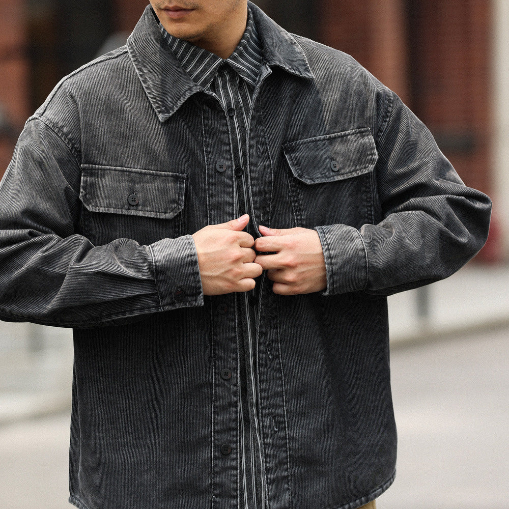 Casual Washed Long Sleeve Corduroy Shirt Layering Overlay 16 Pit Striped Textured Shirt