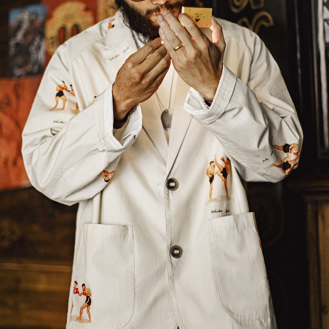 American Casual Flat Collar White Printed Pure Cotton Long Sleeved Shirt