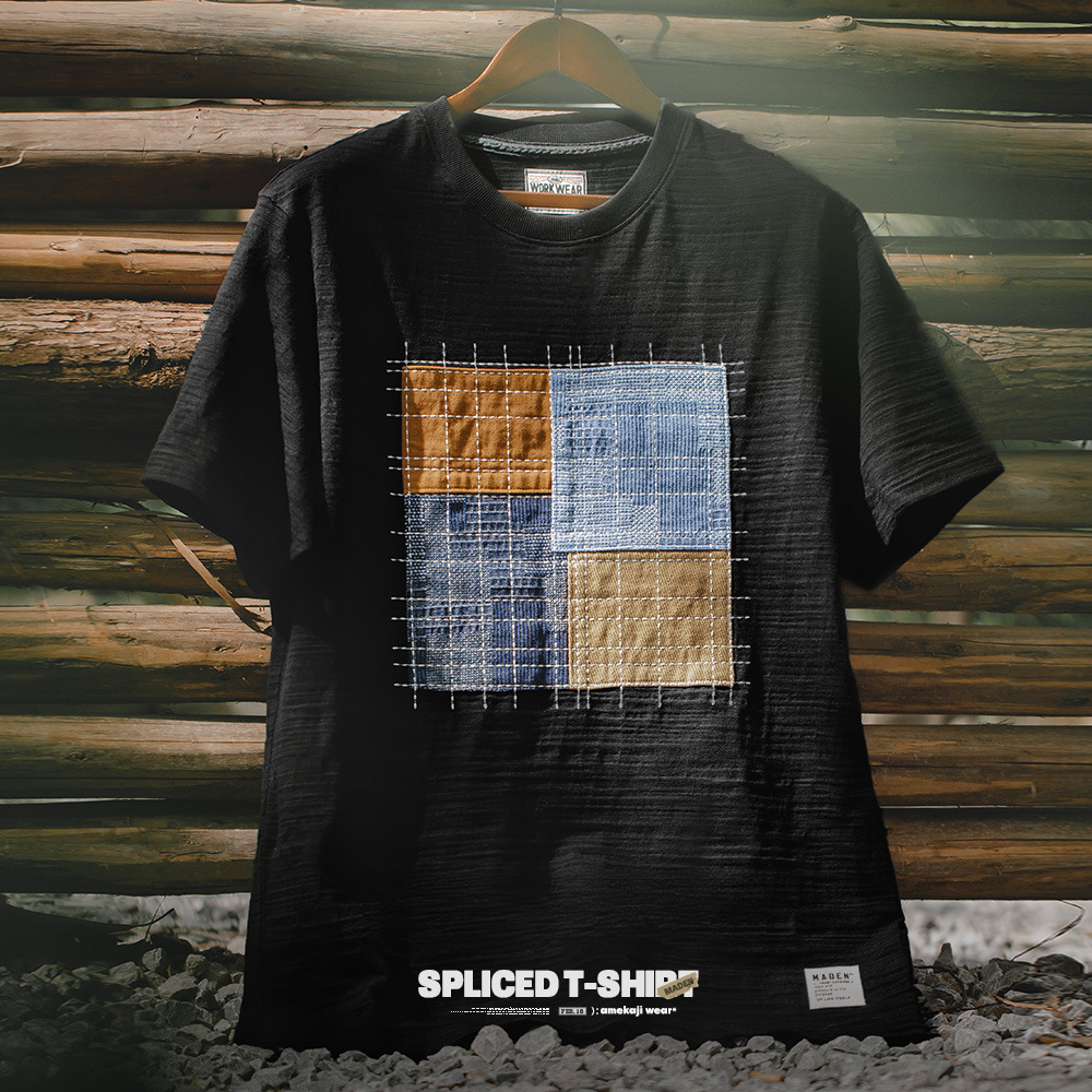 Maden Japanese retro contrasting patchwork pure cotton breathable short sleeved T-shirt