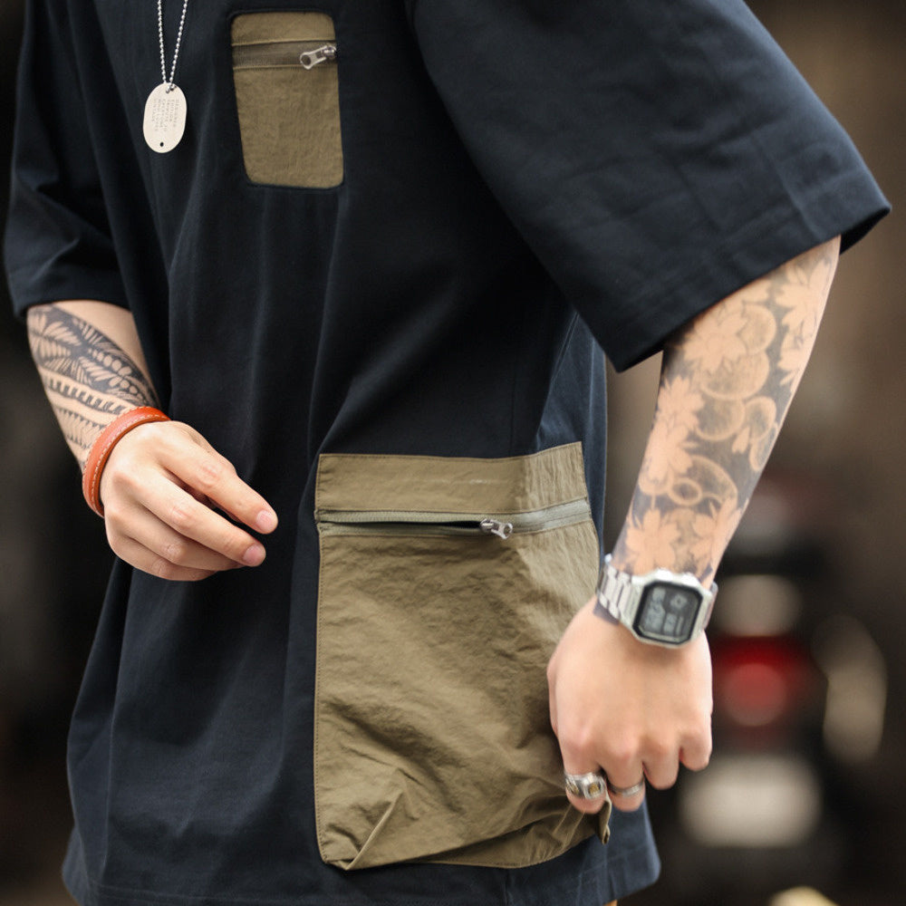 American retro outdoor zipper pocket men's loose short sleeved T-shirt