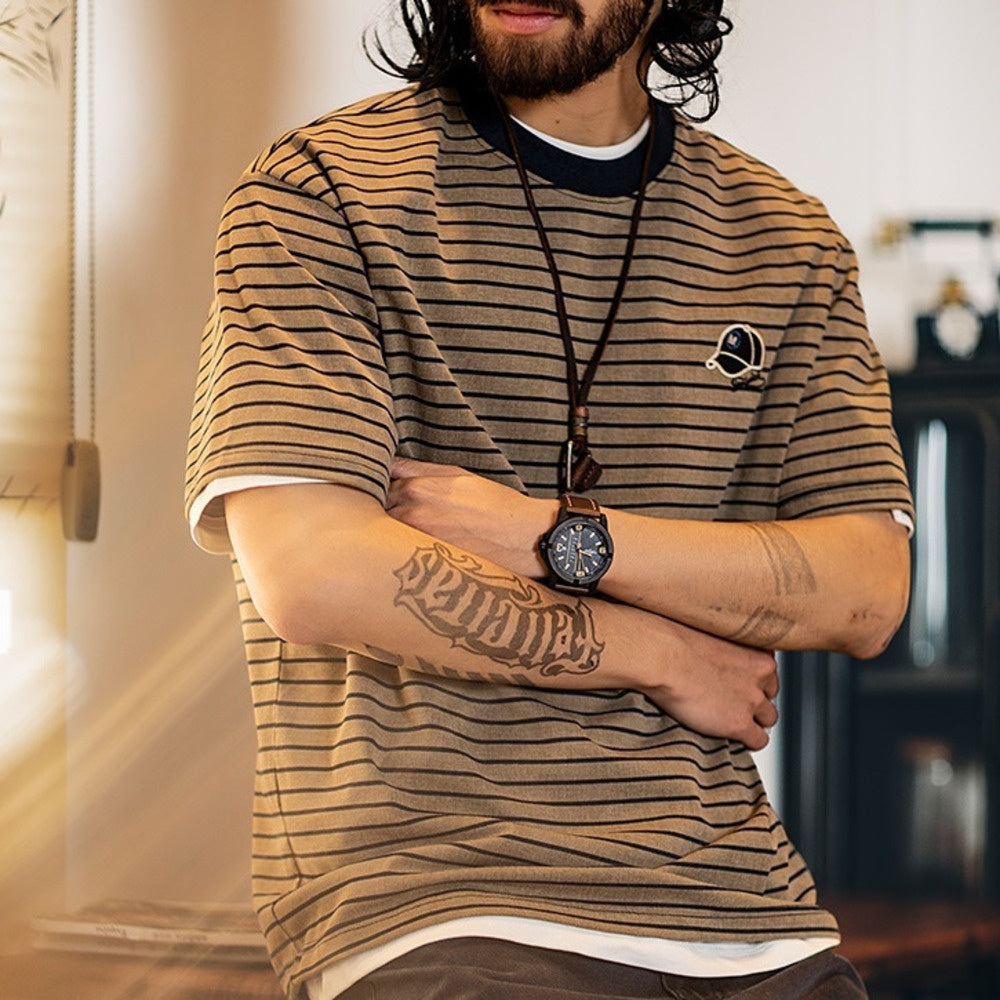 American retro slim striped men's embroidered short sleeved t-shirt