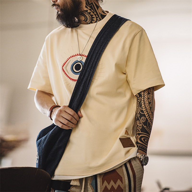 Maden Vintage Guardian Eye Embroidered T-shirt Off White Heavyweight Cotton Short Sleeved T-shirt