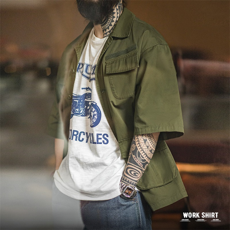 Maden Retro M42 Four Pocket Short sleeved Shirt Military Style Loose Silhouette Flip Collar Shirt