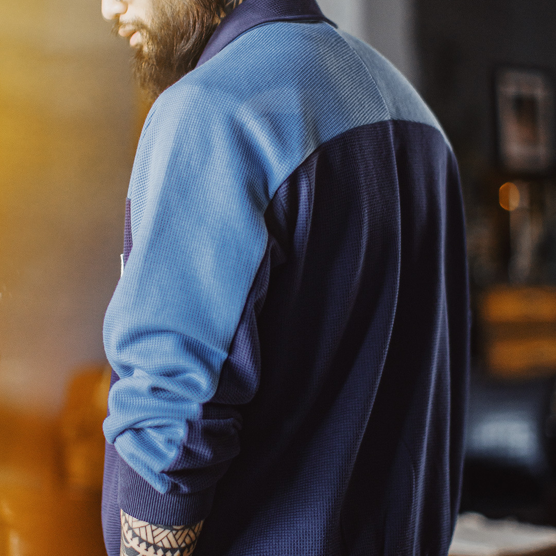 American contrasting color waffle collar blue breathable long sleeved jacket