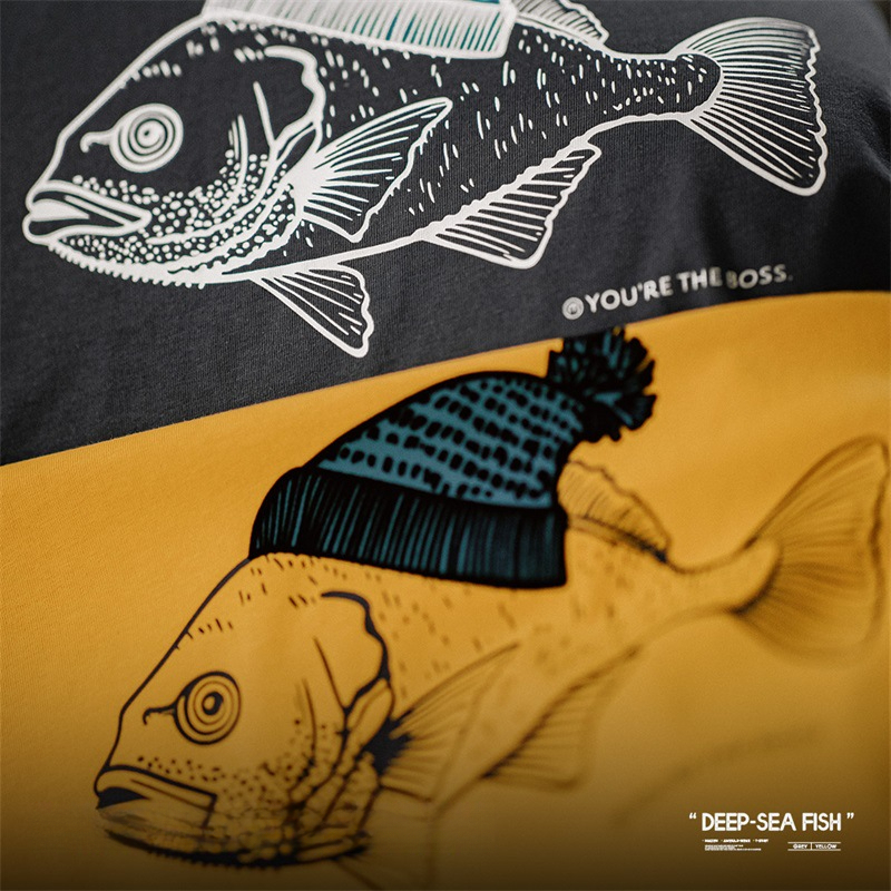 Maden Vintage deep-sea fish flocking printed T-shirt animal pure cotton round neck short sleeved T-shirt