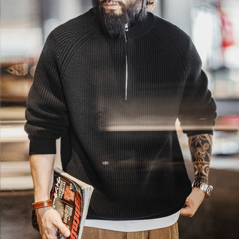 Maden Retro Half Zipper Stand up Collar Sweater Hoodie Bottom High Collar Knitted Top