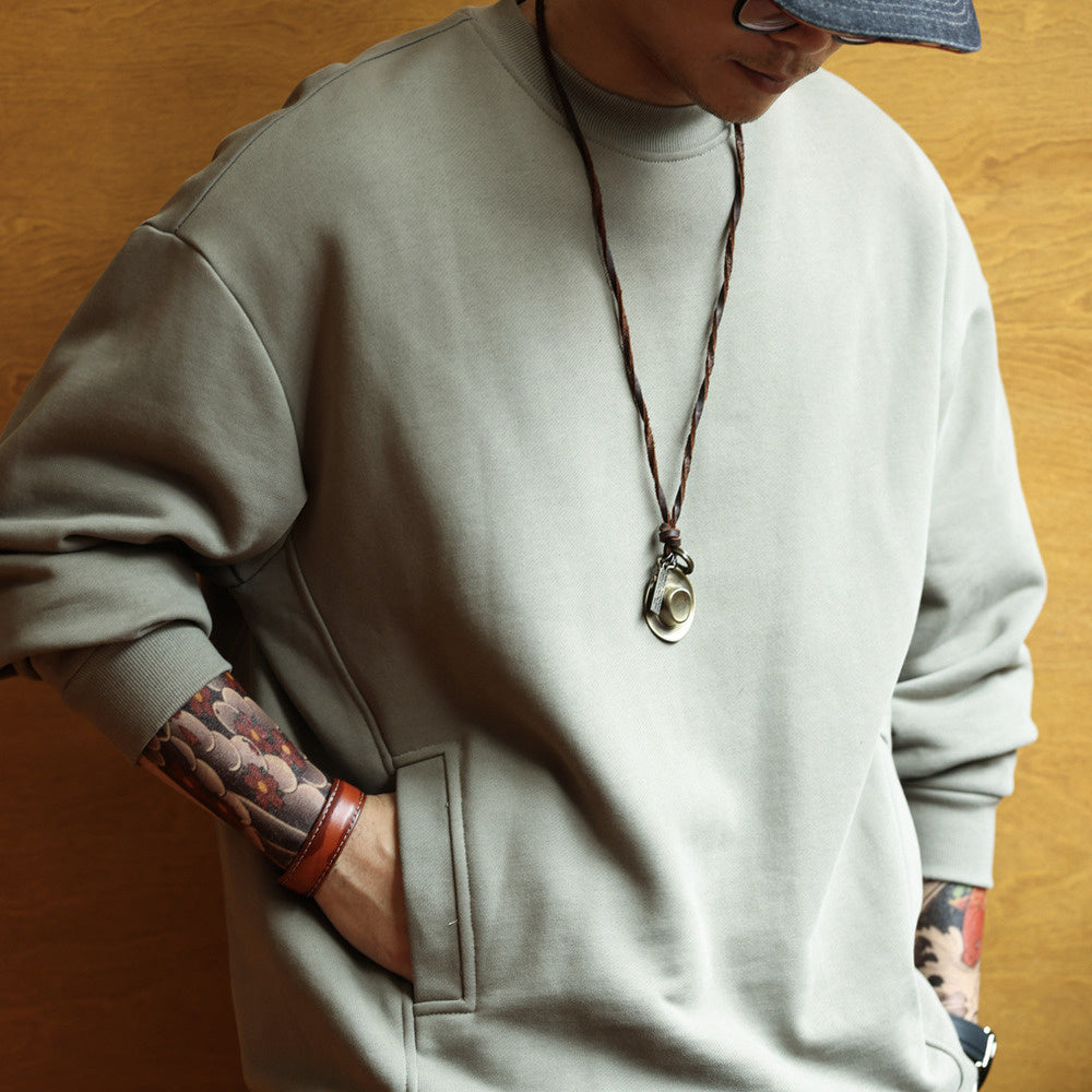 480g heavy knit terry sweater side seam pockets cityboy pullover round neck top tide