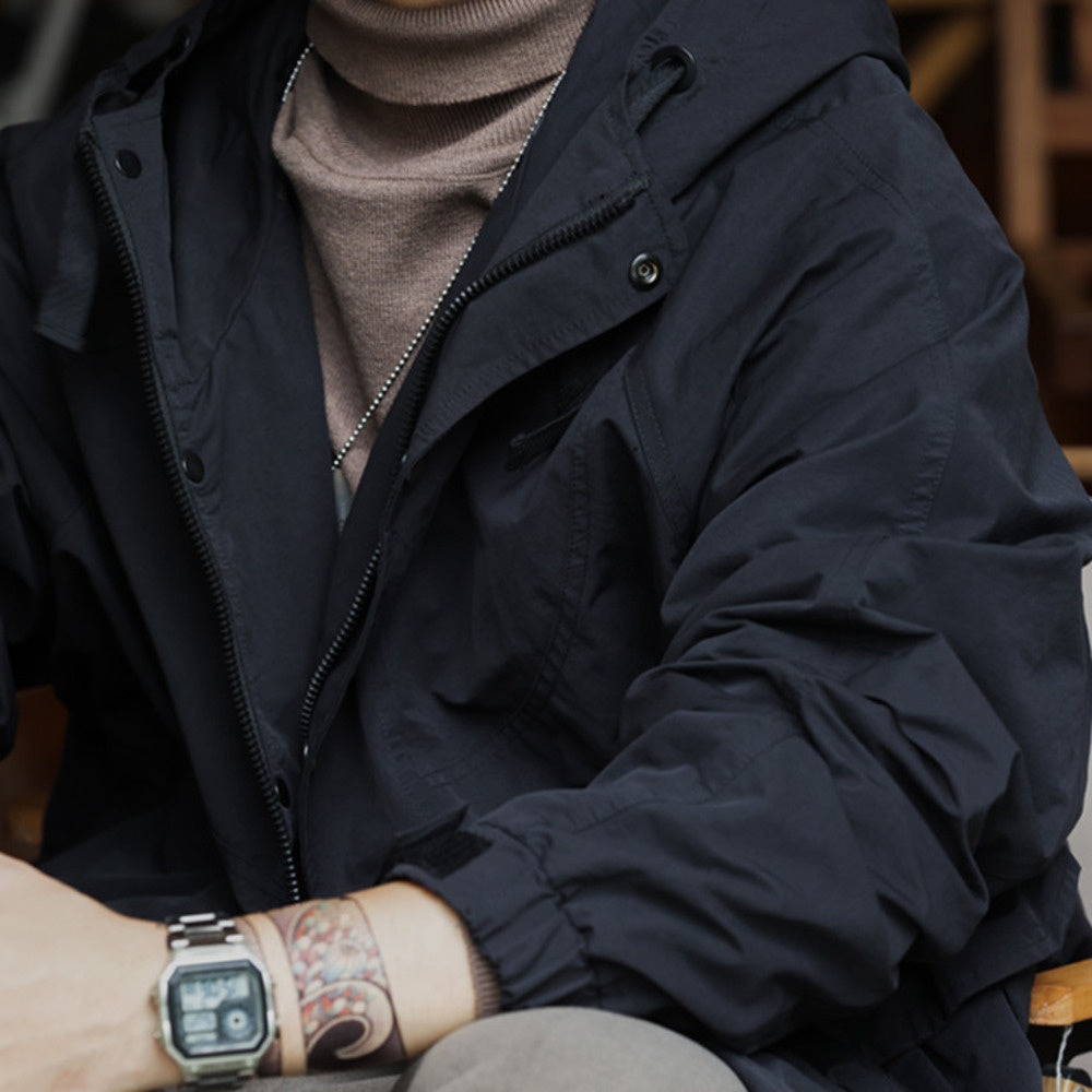 Retro mountain style workwear jacket, loose sports large pocket windproof hooded jacket