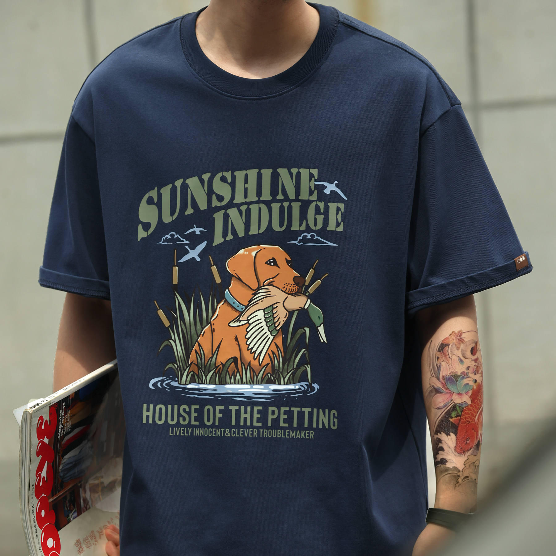 Japanese retro printed men's 300g pure cotton street style T-shirt