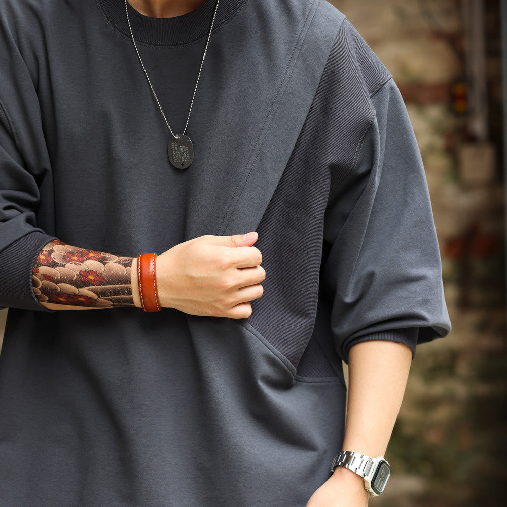 330g round neck long sleeved T-shirt with threaded splicing, loose fitting pullover, dark gray casual hoodie