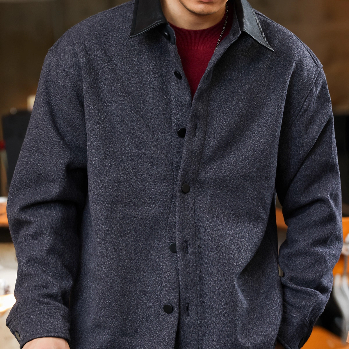 American Retro 720g Woolen Men'S Spliced Leather Lapel Jacket