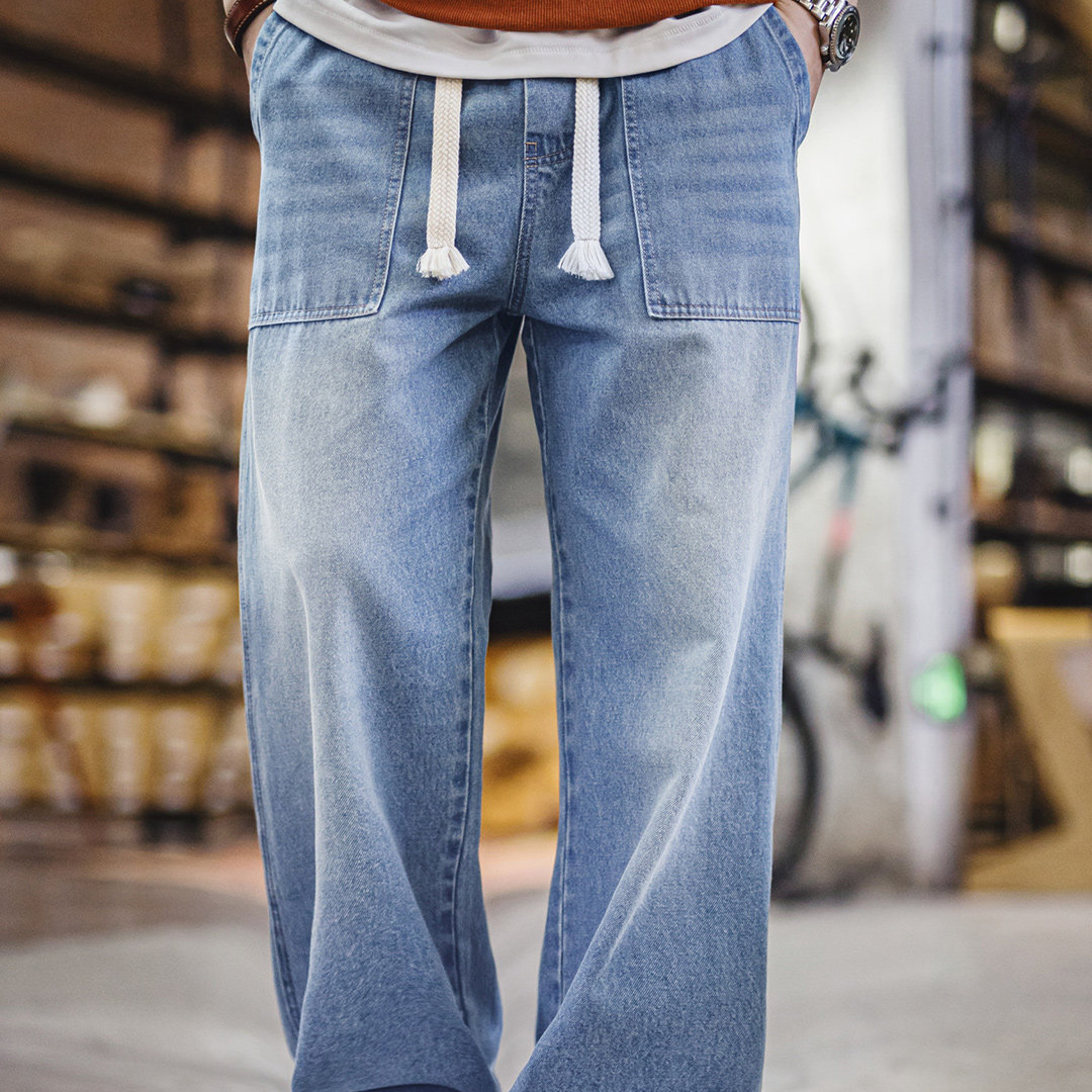 American Baker Washed Denim Wide Leg Drawstring Straight Leg Casual Jeans