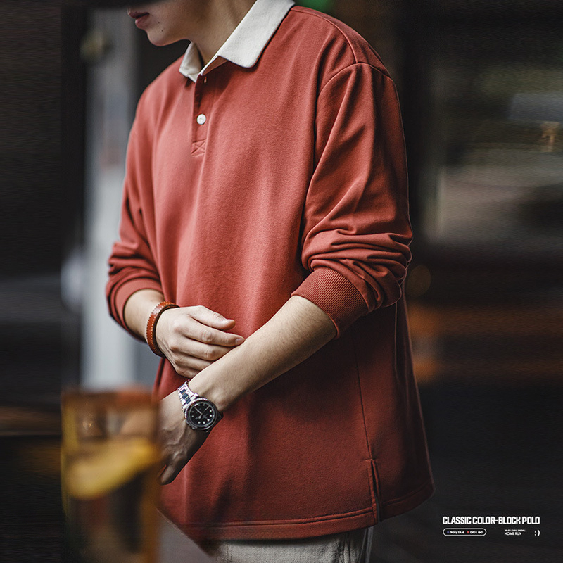 Maden Vintage Knitted Contrast Polo Sweatshirt with Academy Style Loose Polo Collar Long Sleeve T-shirt