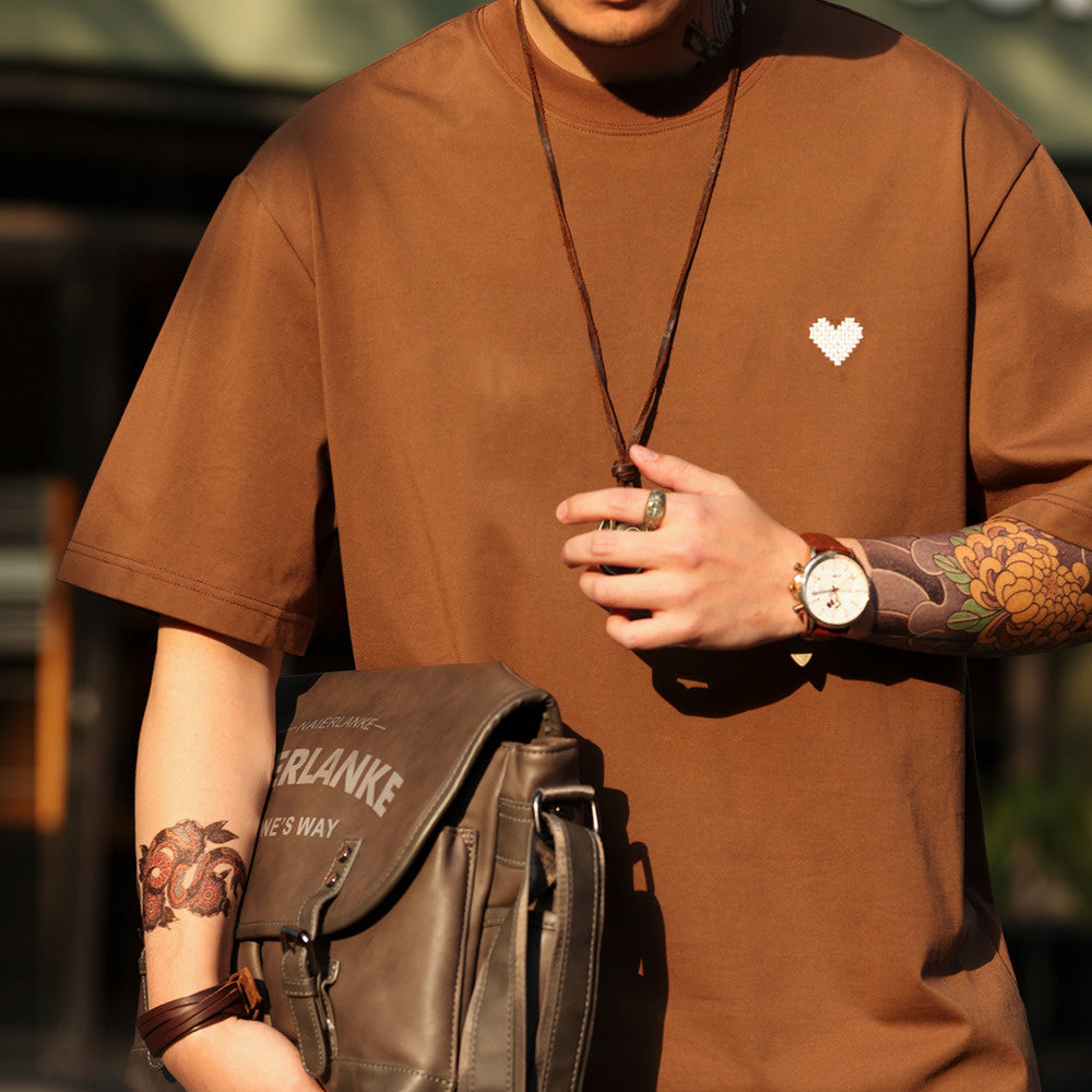 American casual heart-shaped embroidered men's loose 220g short sleeved T-shirt