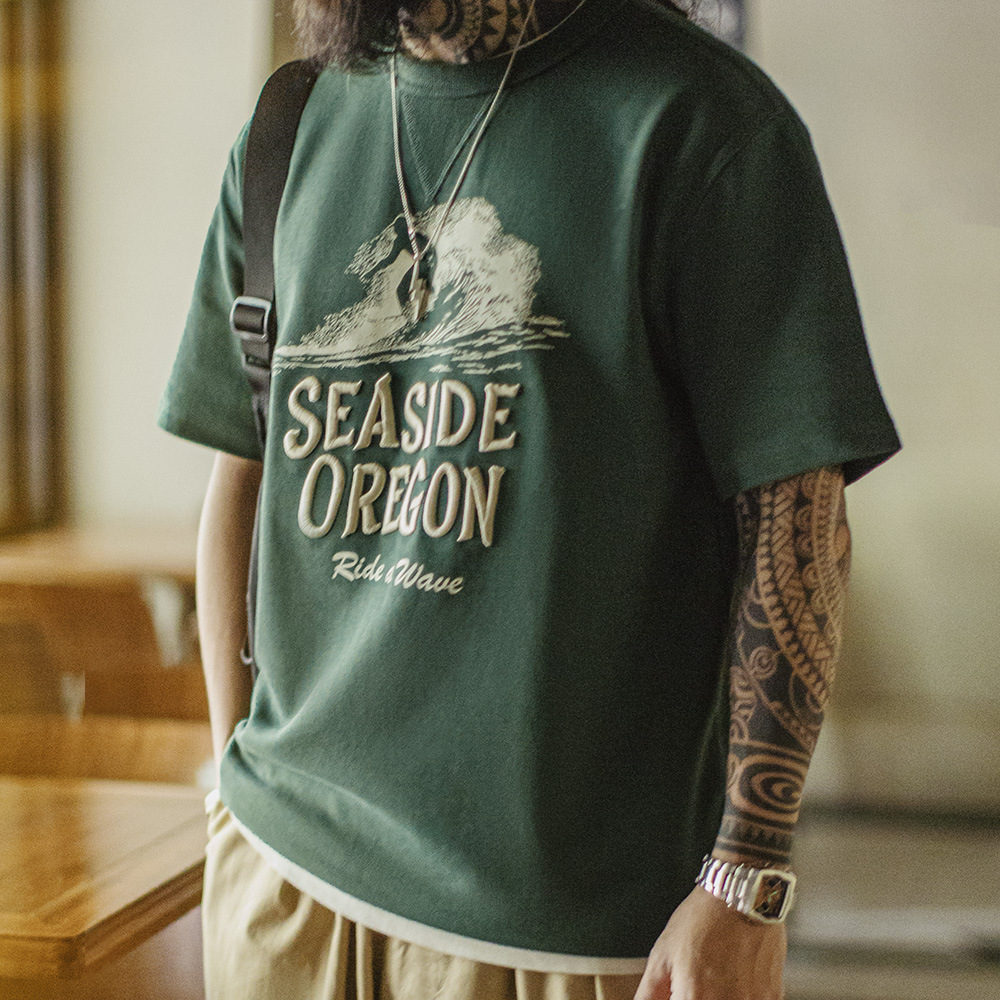 American Retro Three-Dimensional Embroidery, Digital Printing, Threaded Collar, Green Short Sleeved Shirt