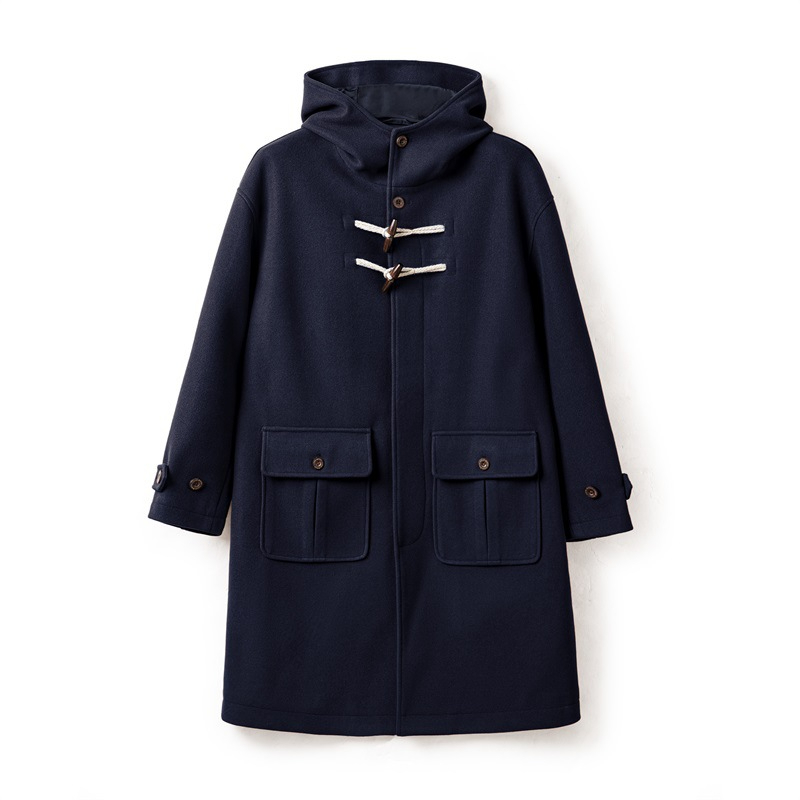 Maden retro horn button hooded woolen coat, college style loose long jacket
