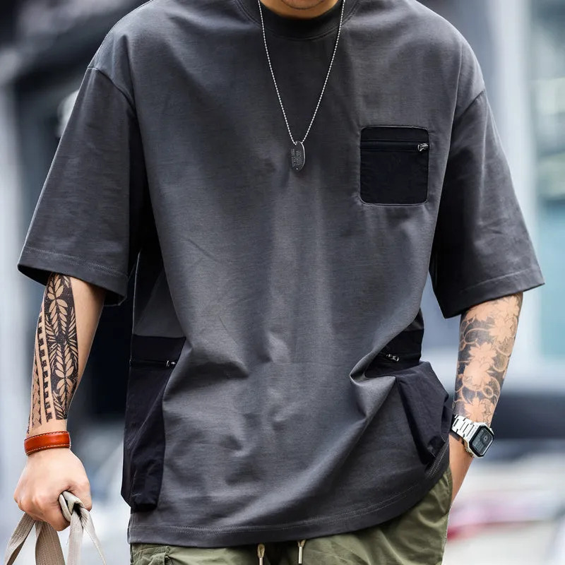 American retro outdoor zipper pocket men's loose short sleeved T-shirt