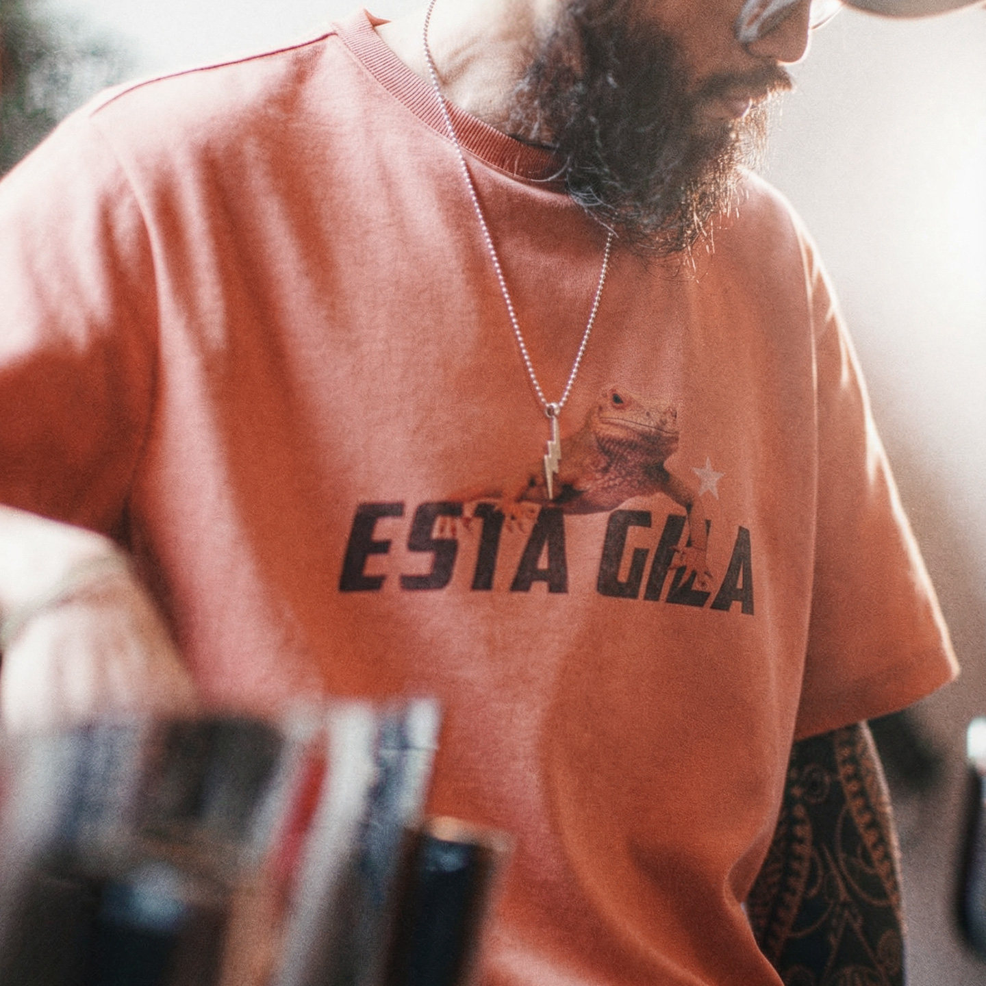 American Retro Printed Round Neck Shoulder Down Sunset Orange Red Knitted Short Sleeved T-Shirt