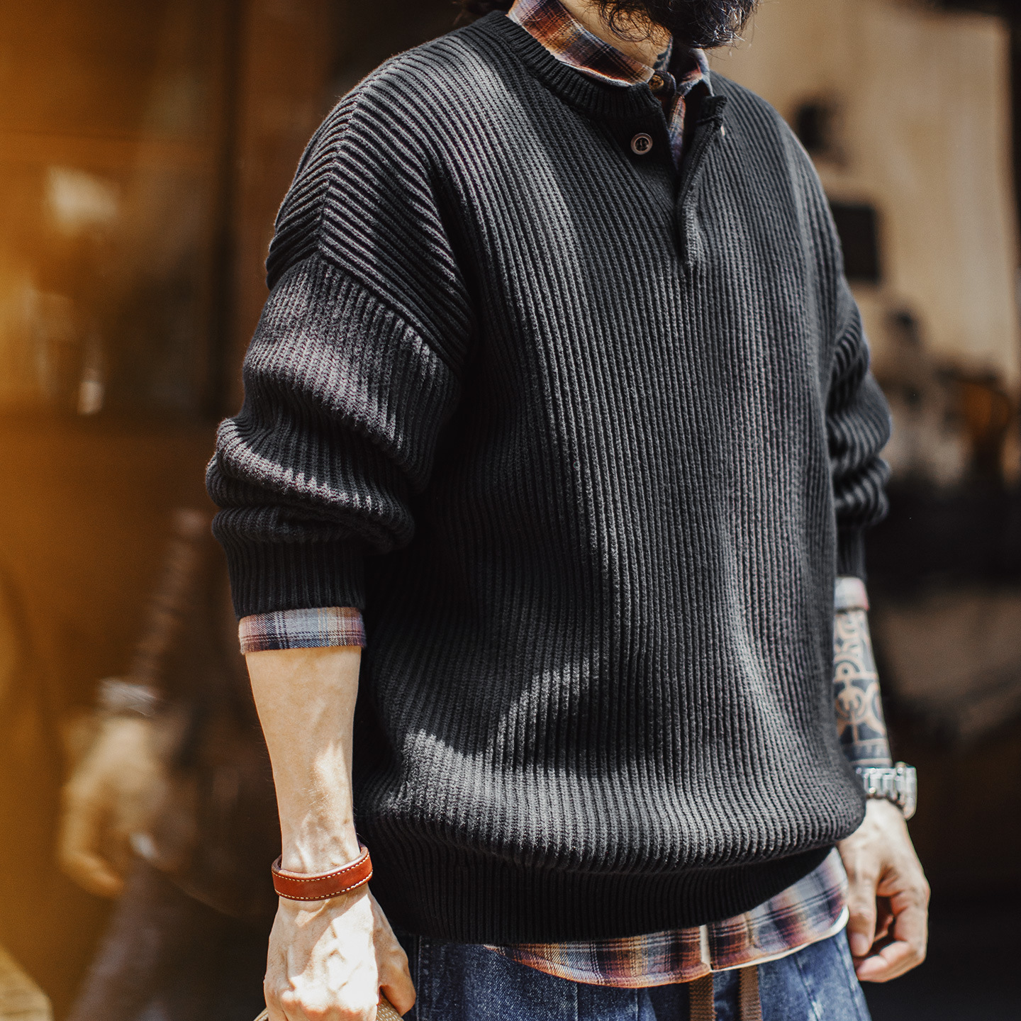 American Henry Collar Black Hanging Commuter Pullover Loose Sweater