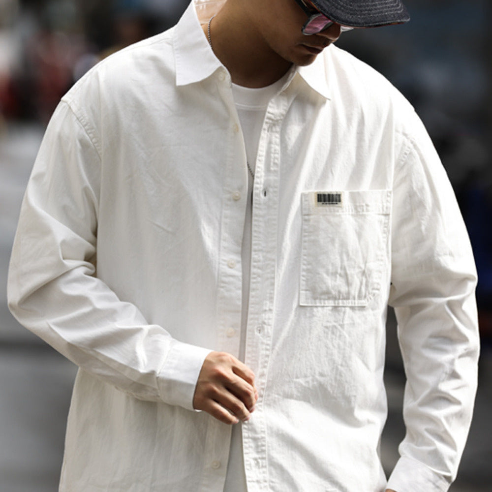 Casual, simple, solid color pockets, high-end feel, layered on top, long sleeved shirt with inner lining