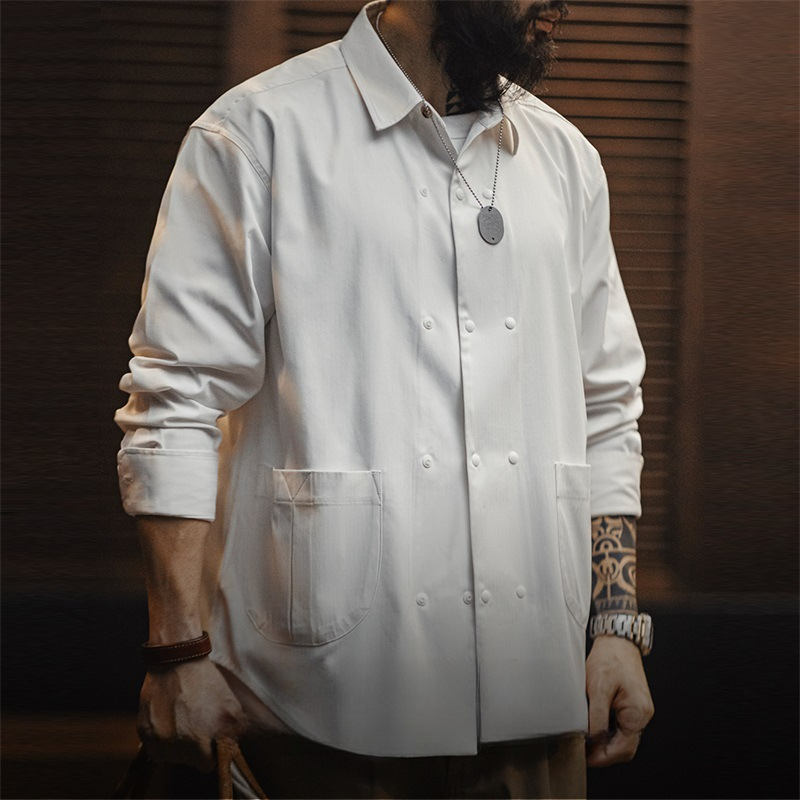 Maden casual herringbone double breasted long sleeved shirt versatile commuting collar white shirt