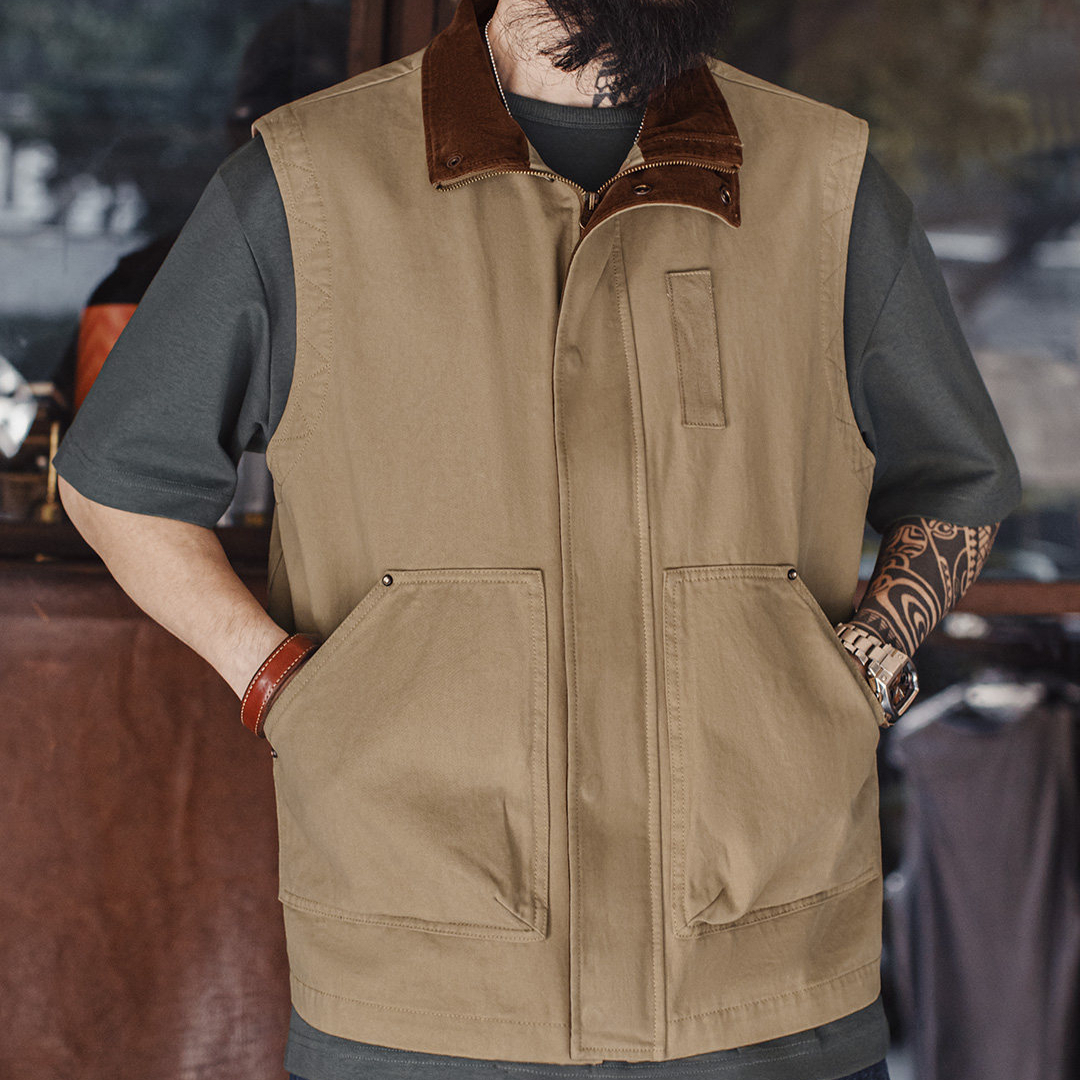 American Retro Safari Hunting Suit Pure Cotton Khaki Corduroy Vest