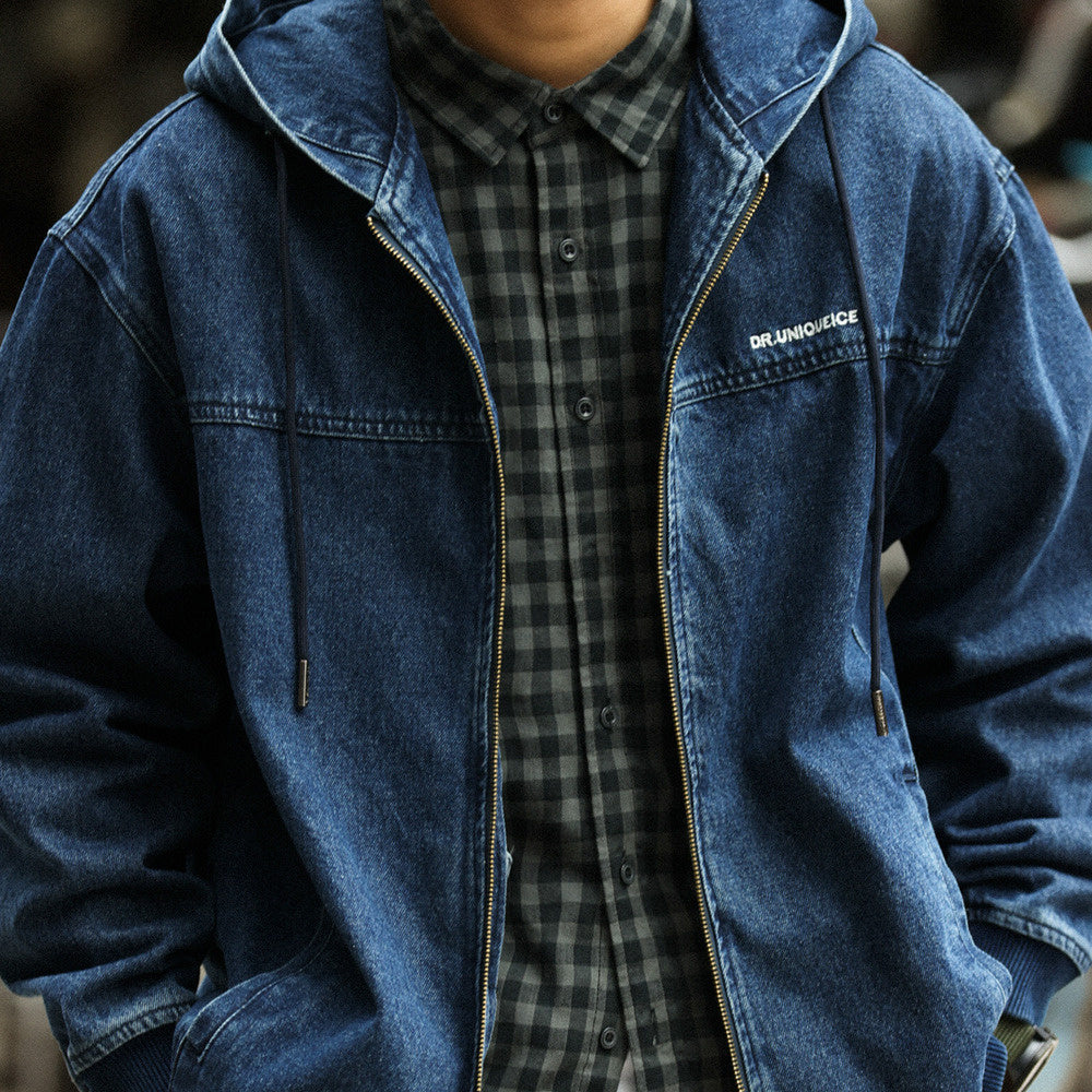 American casual men's loose denim washed zipper hooded denim jacket
