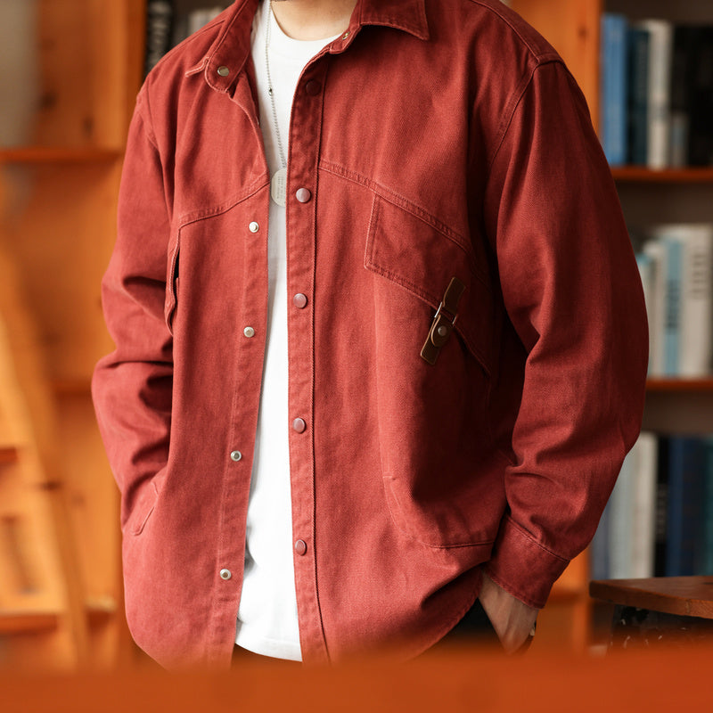 BGYO Gray series Ankela red shirt jacket men's loose Paris button slanted pocket workwear shirt autumn