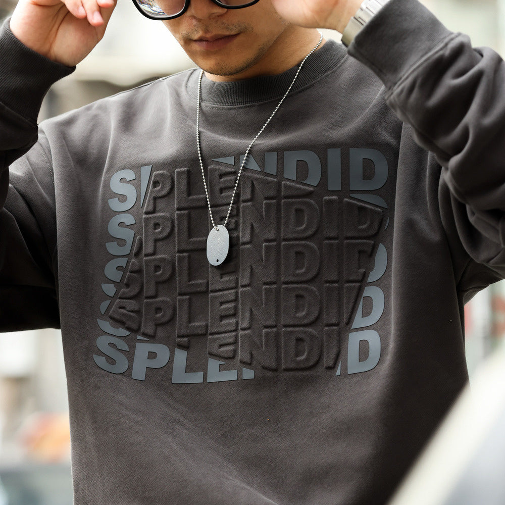 Retro fleece letter printed round neck sweatshirt loose 480g heavyweight long sleeved casual top