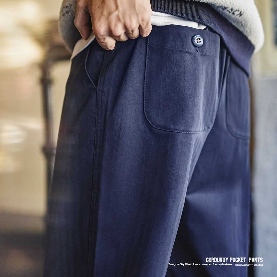 American Retro Blue Straight Tube Micro Tapered Elastic Waistband Herringbone Casual Pants