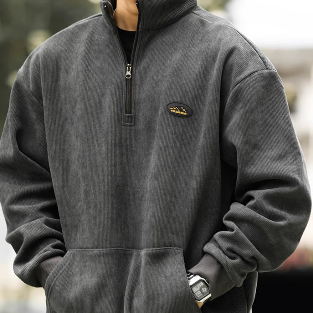 Vintage half-zip stand-up collar corduroy sweatshirt padded warm cleanfit tops jacket
