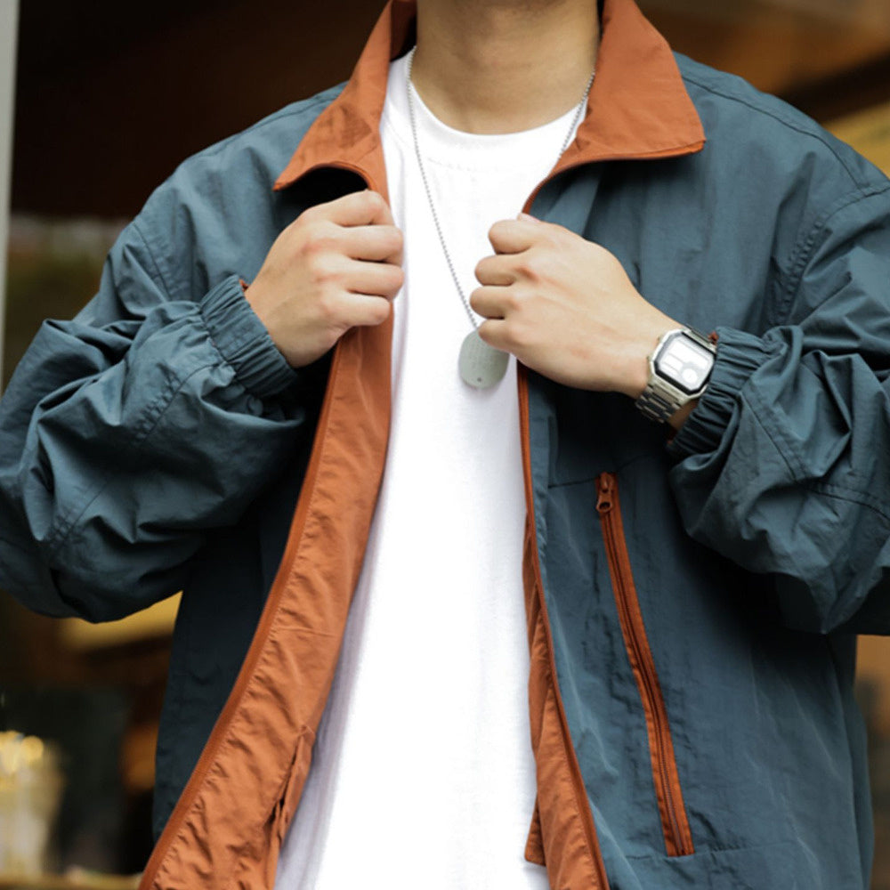 Casual double-sided shuttle woven assault jacket, loose multi pocket stand up collar jacket