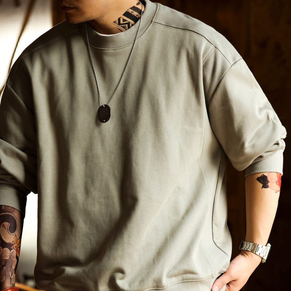Washed Alman hoodie for men, 390g, worn as an outerwear with round neck ribbed patchwork base coat